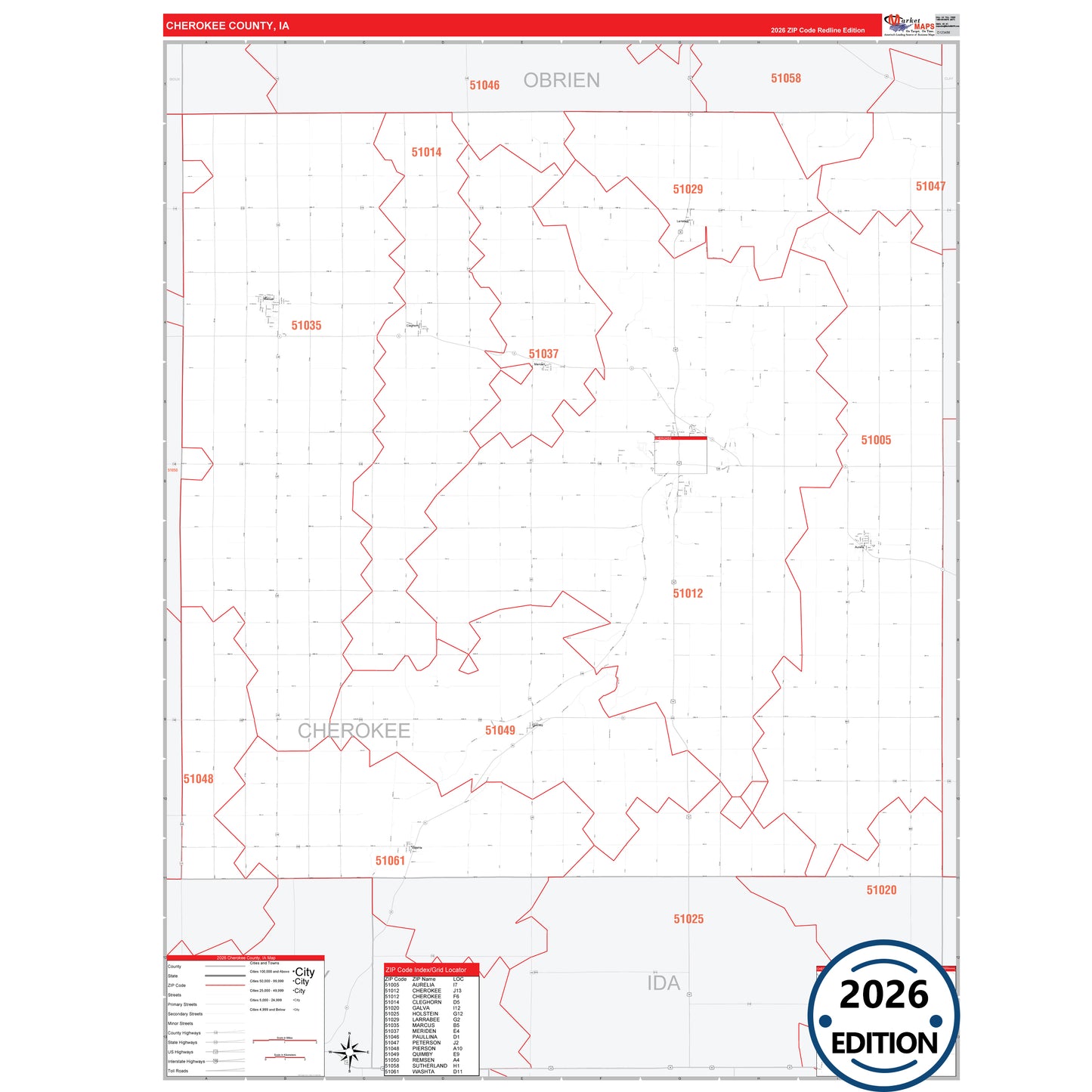 Cherokee County, IA Red Line 5 Digit ZIP Code Wall Map