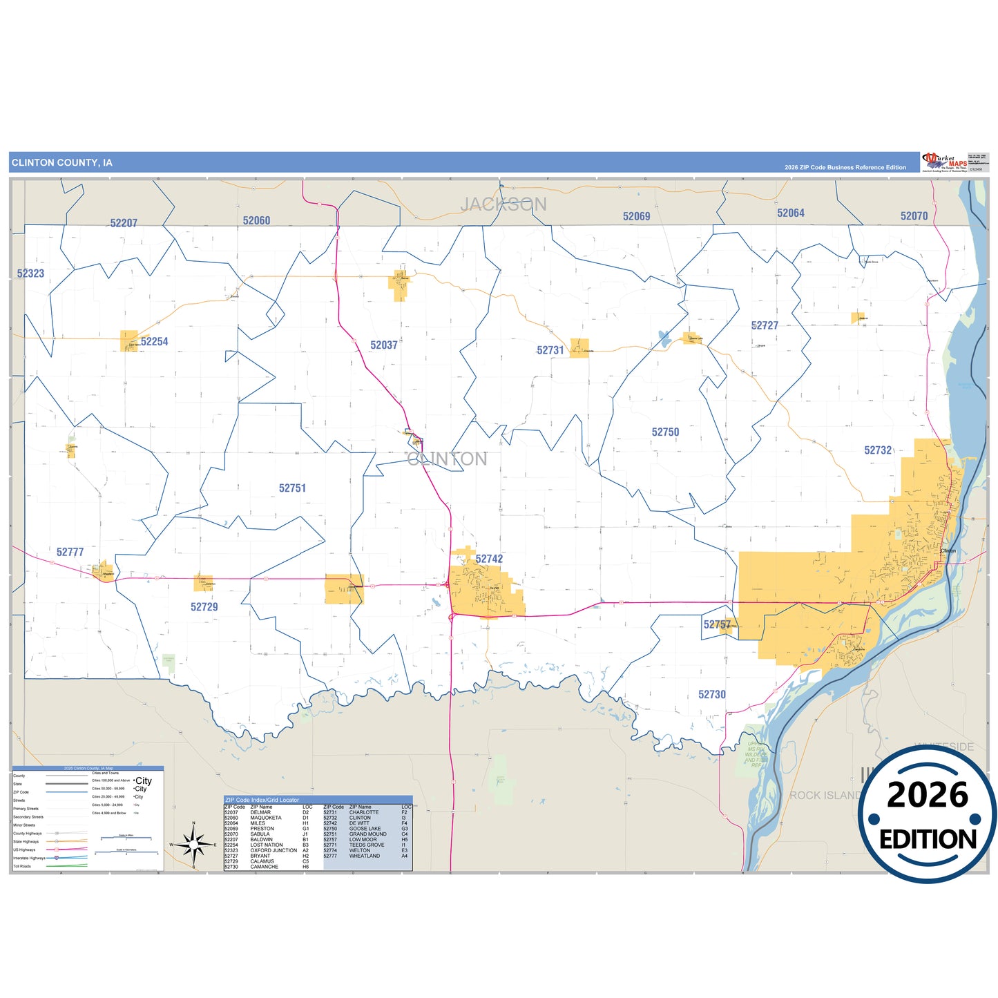 Clinton County, IA Business Reference 5 Digit ZIP Code Wall Map