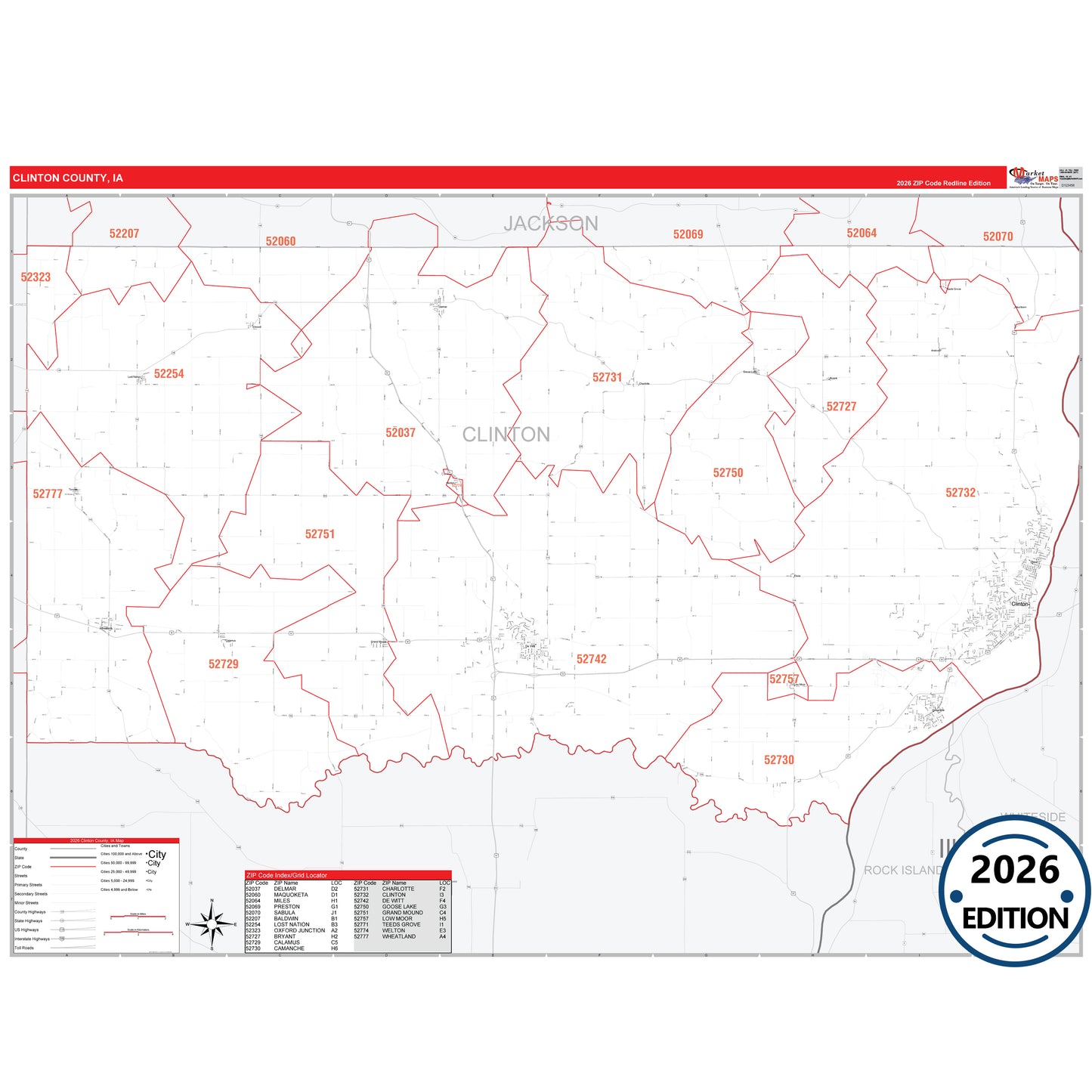 Clinton County, IA Red Line map with detailed roads, cities, and ZIP code boundaries.