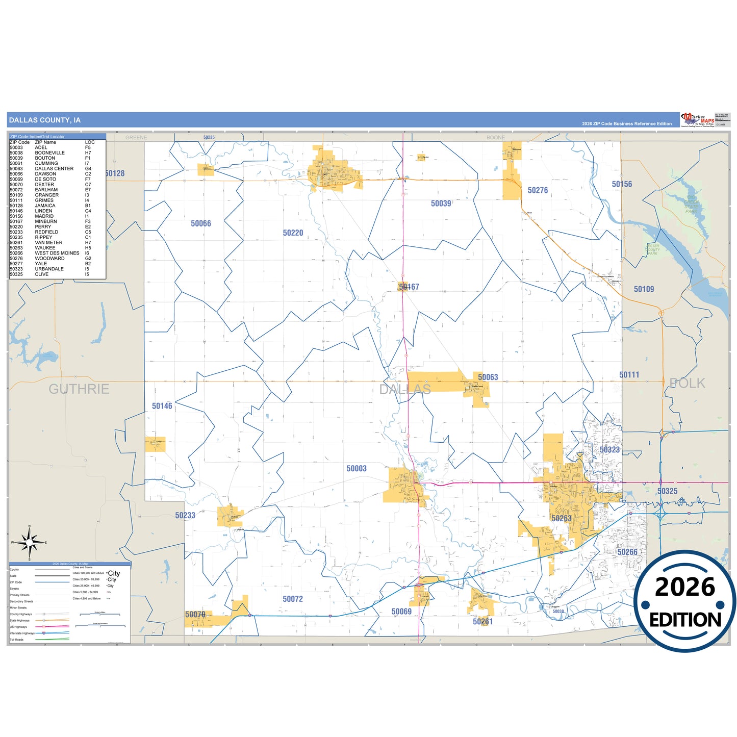Dallas County, IA Business Reference 5 Digit ZIP Code Wall Map