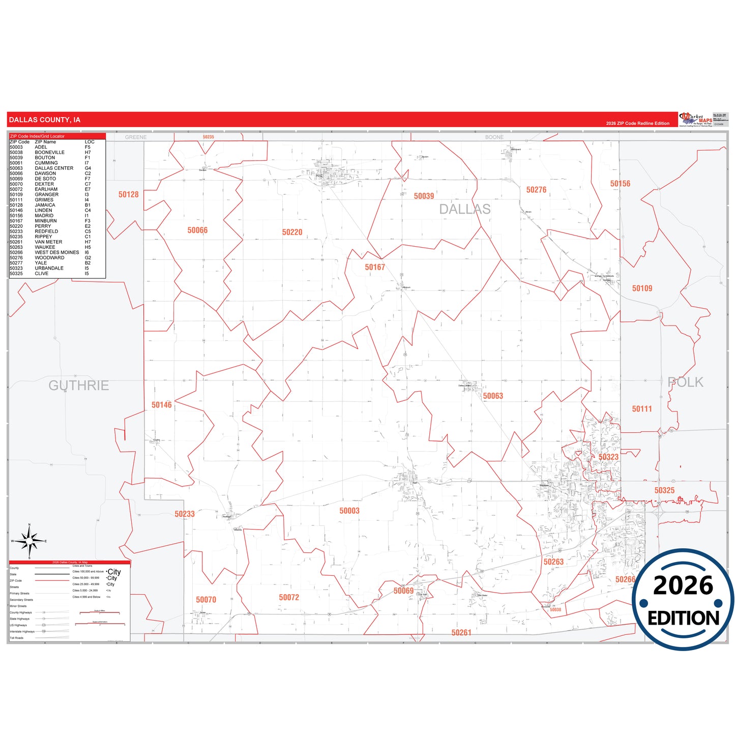 Dallas County, IA Red Line 5 Digit ZIP Code Wall Map