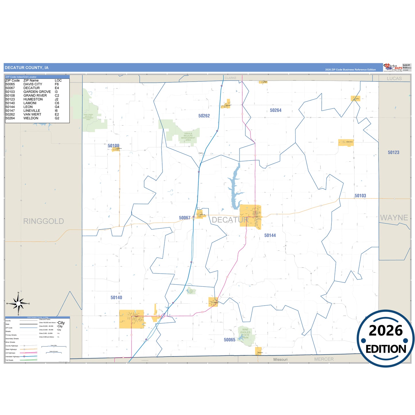 Decatur County, IA Business Reference map with detailed roads, cities, and ZIP code boundaries.