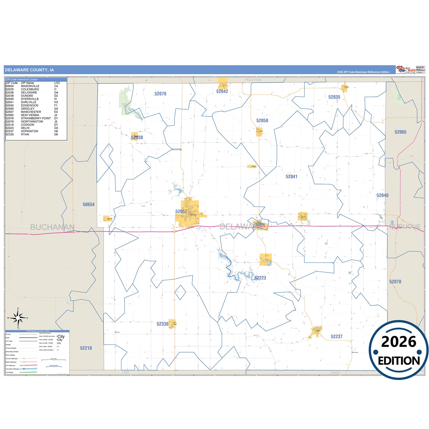 Delaware County, IA Business Reference 5 Digit ZIP Code Wall Map