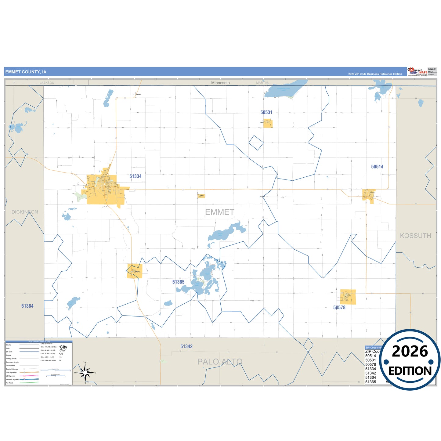 Emmet County, IA Business Reference 5 Digit ZIP Code Wall Map