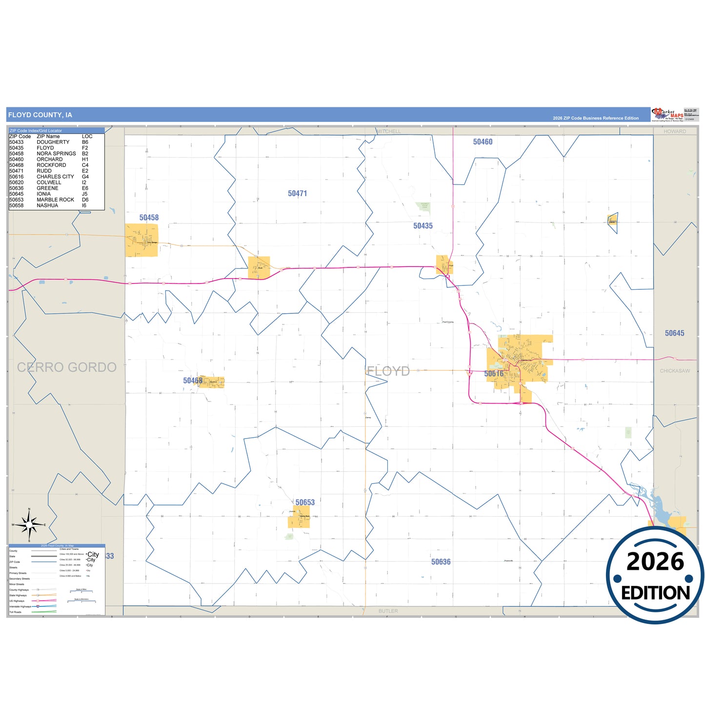 Floyd County, IA Business Reference 5 Digit ZIP Code Wall Map