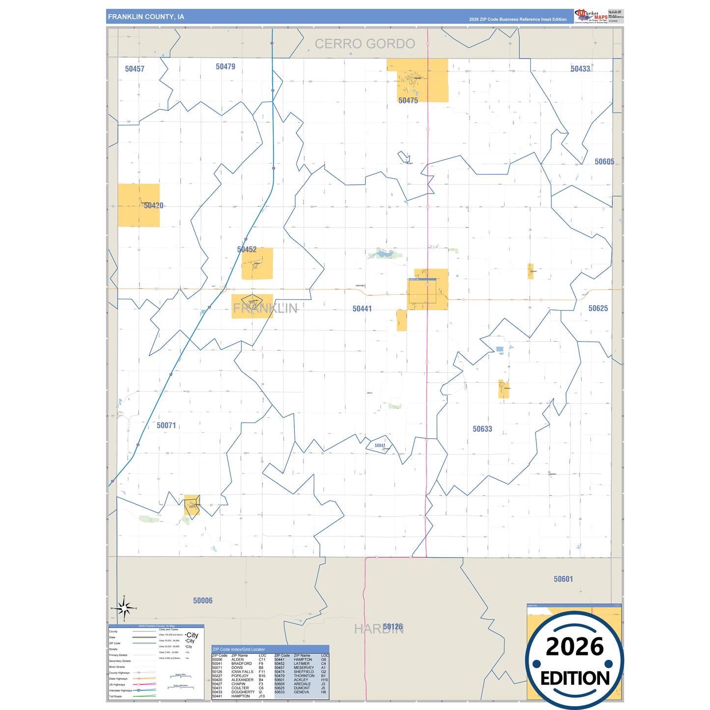 Franklin County, IA Business Reference 5 Digit ZIP Code Wall Map