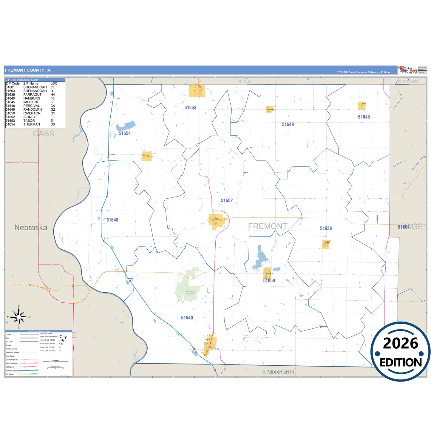 Fremont County, IA Business Reference 5 Digit ZIP Code Wall Map