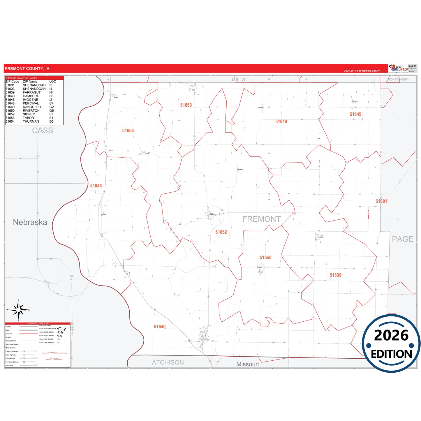 Fremont County, IA Red Line 5 Digit ZIP Code Wall Map