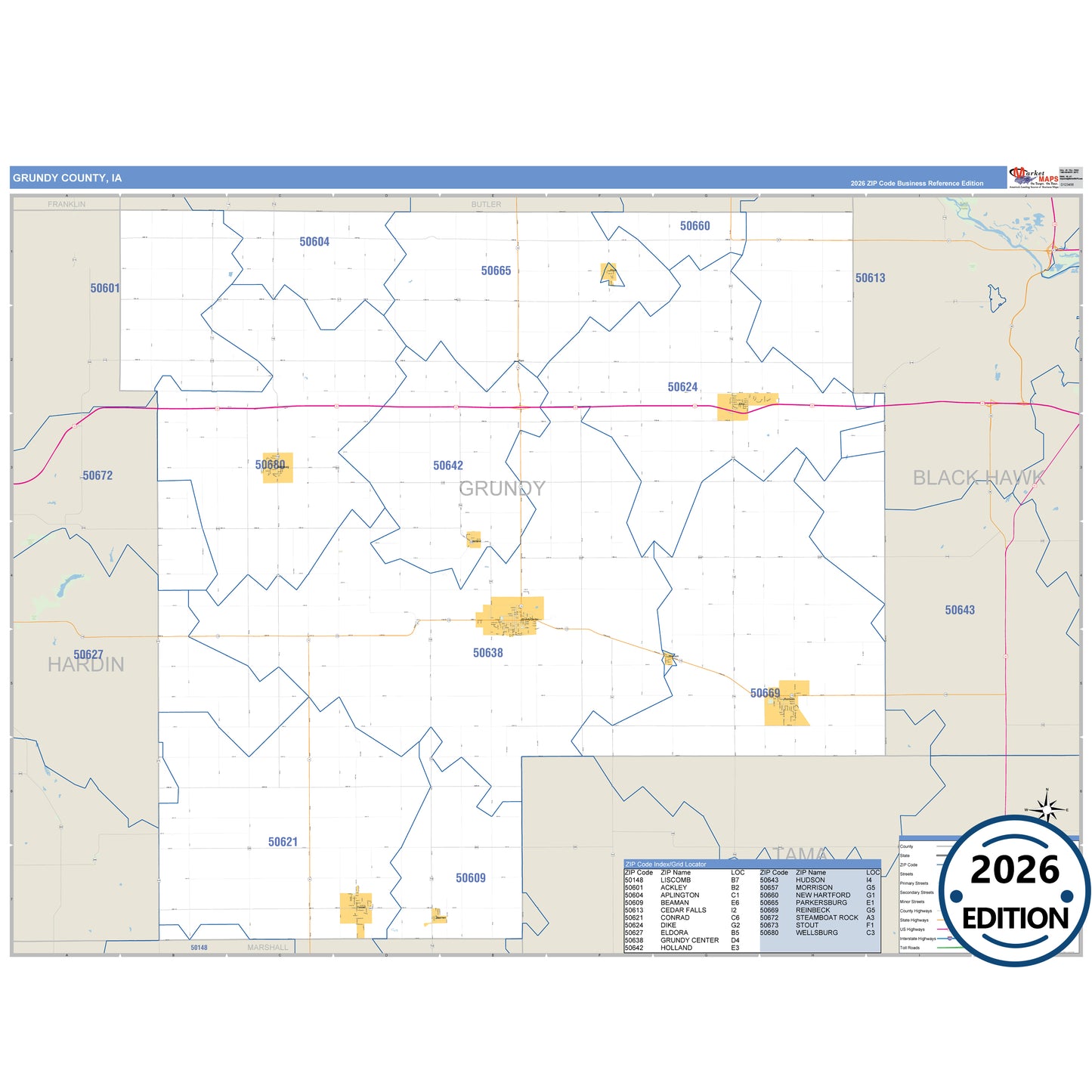 Grundy County, IA Business Reference 5 Digit ZIP Code Wall Map
