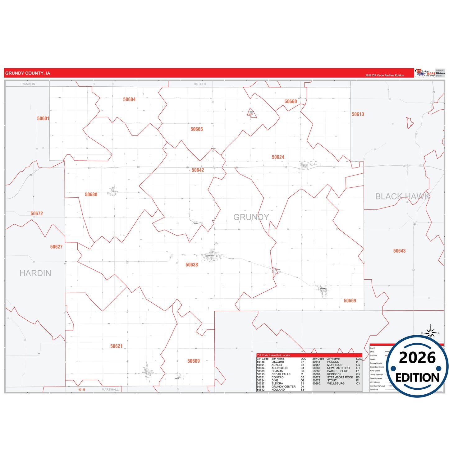Grundy County, IA Red Line 5 Digit ZIP Code Wall Map