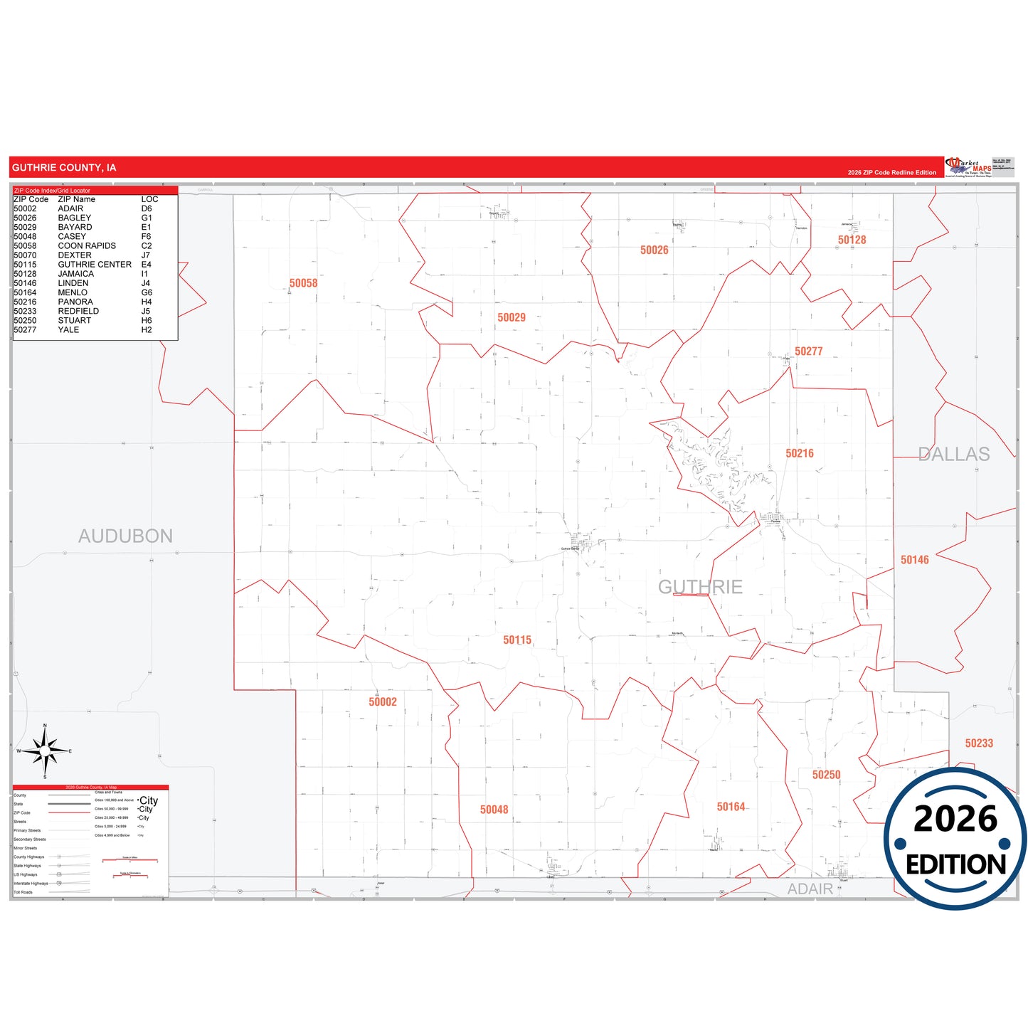 Guthrie County, IA Red Line 5 Digit ZIP Code Wall Map