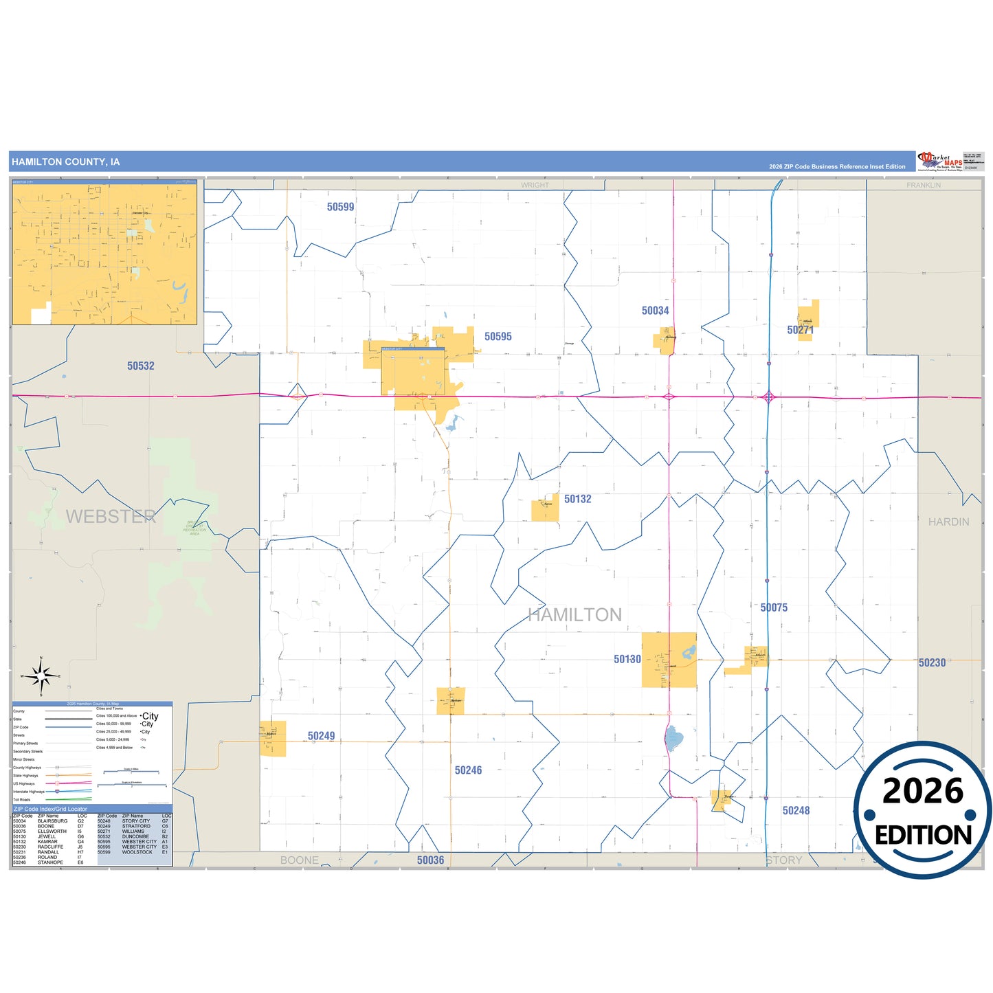 Hamilton County, IA Business Reference 5 Digit ZIP Code Wall Map
