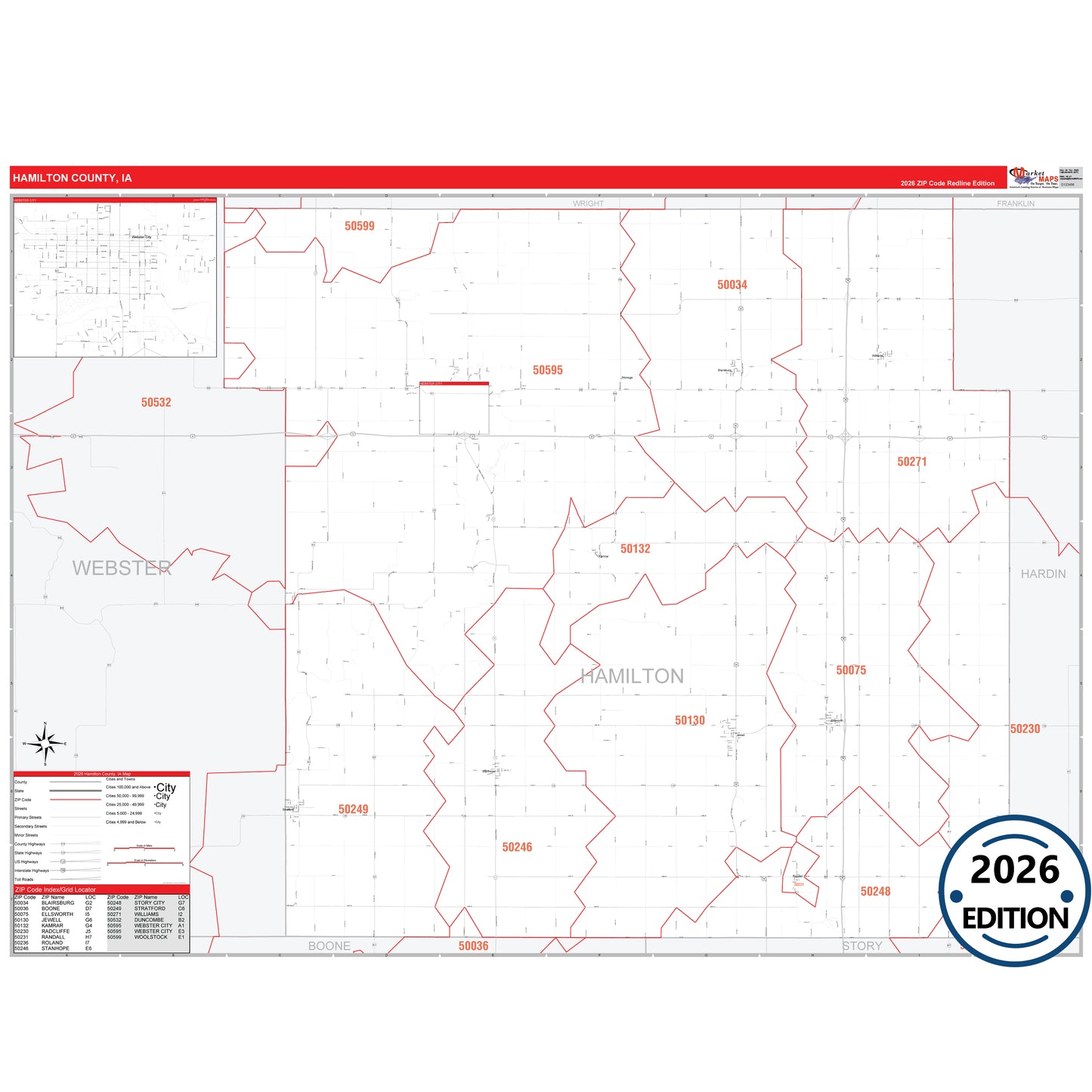 Hamilton County, IA Red Line 5 Digit ZIP Code Wall Map