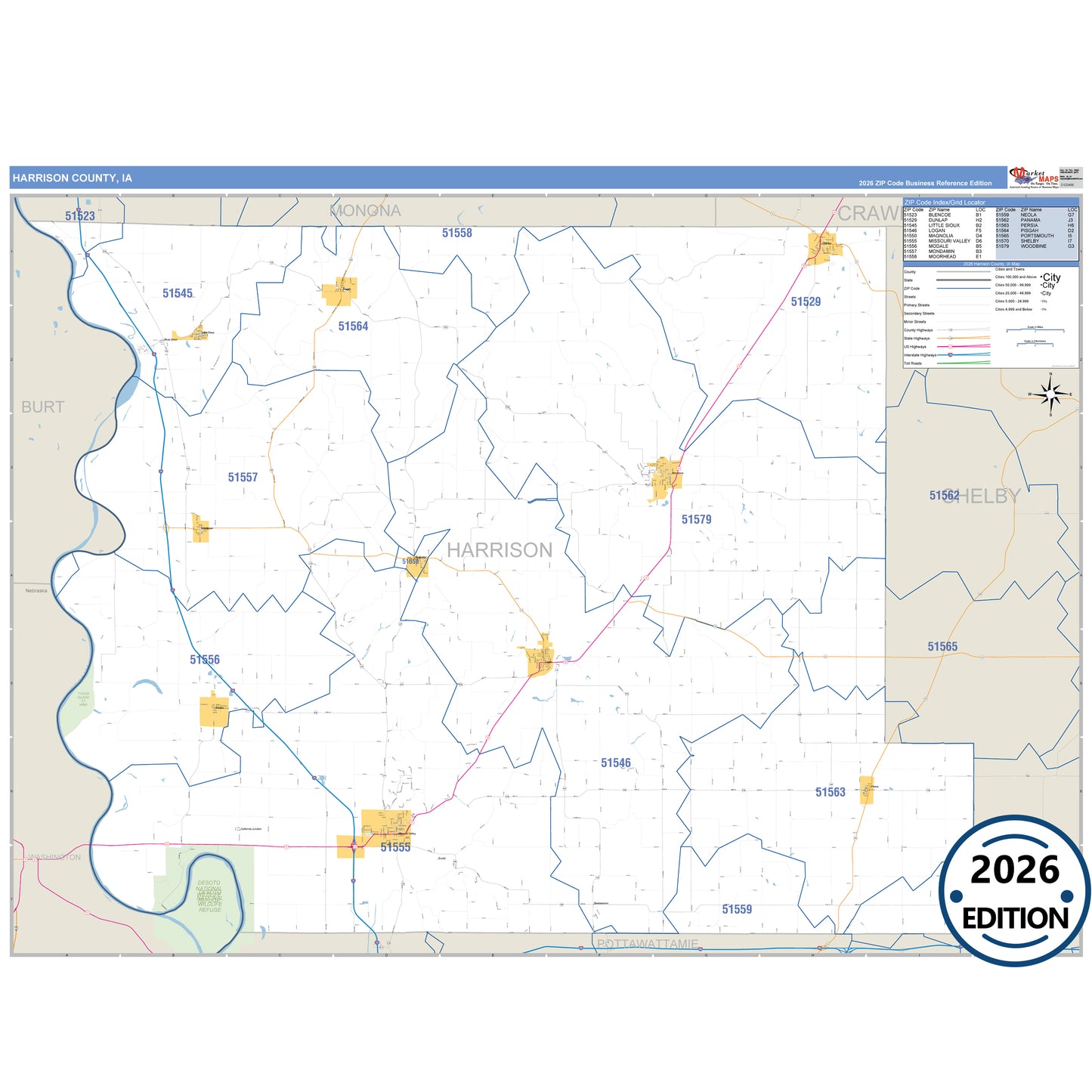 Harrison County, IA Business Reference 5 Digit ZIP Code Wall Map