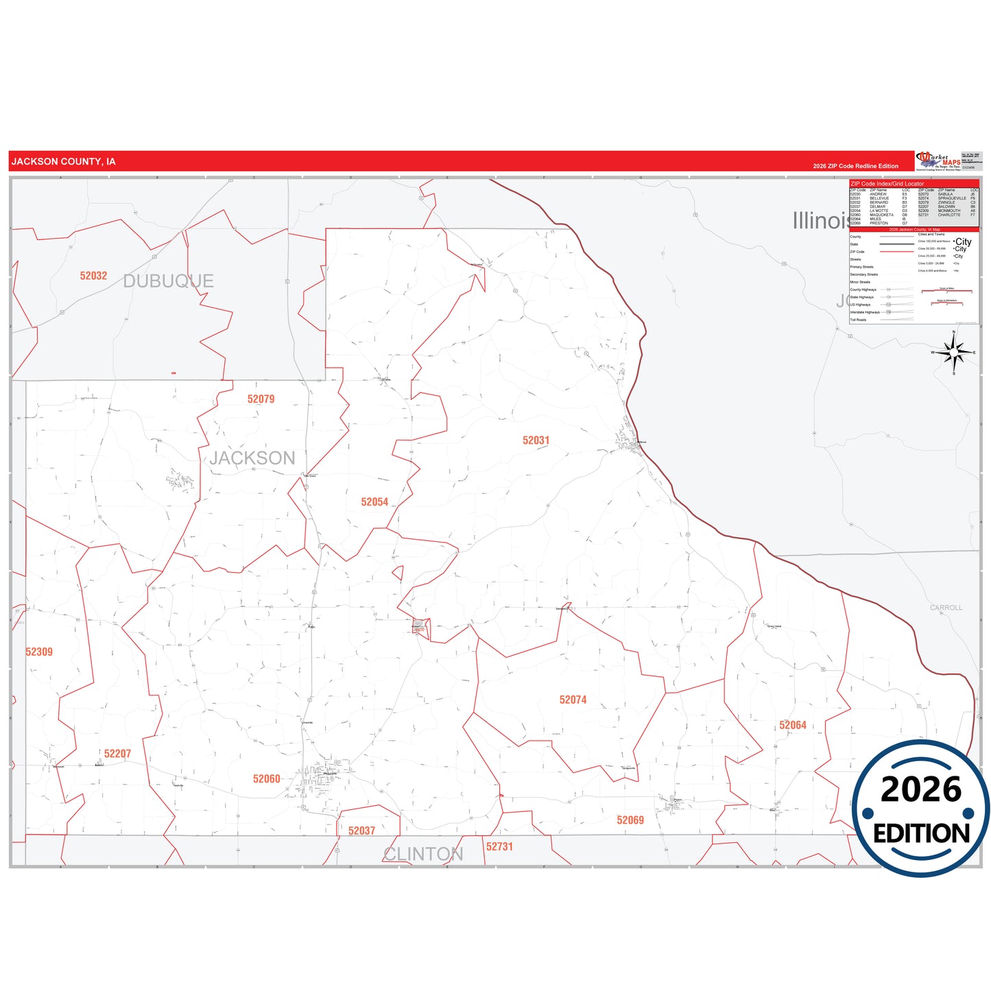 Jackson County, IA Red Line 5 Digit ZIP Code Wall Map