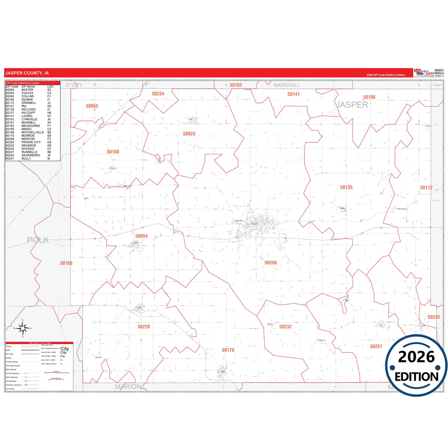 Jasper County, IA Red Line 5 Digit ZIP Code Wall Map