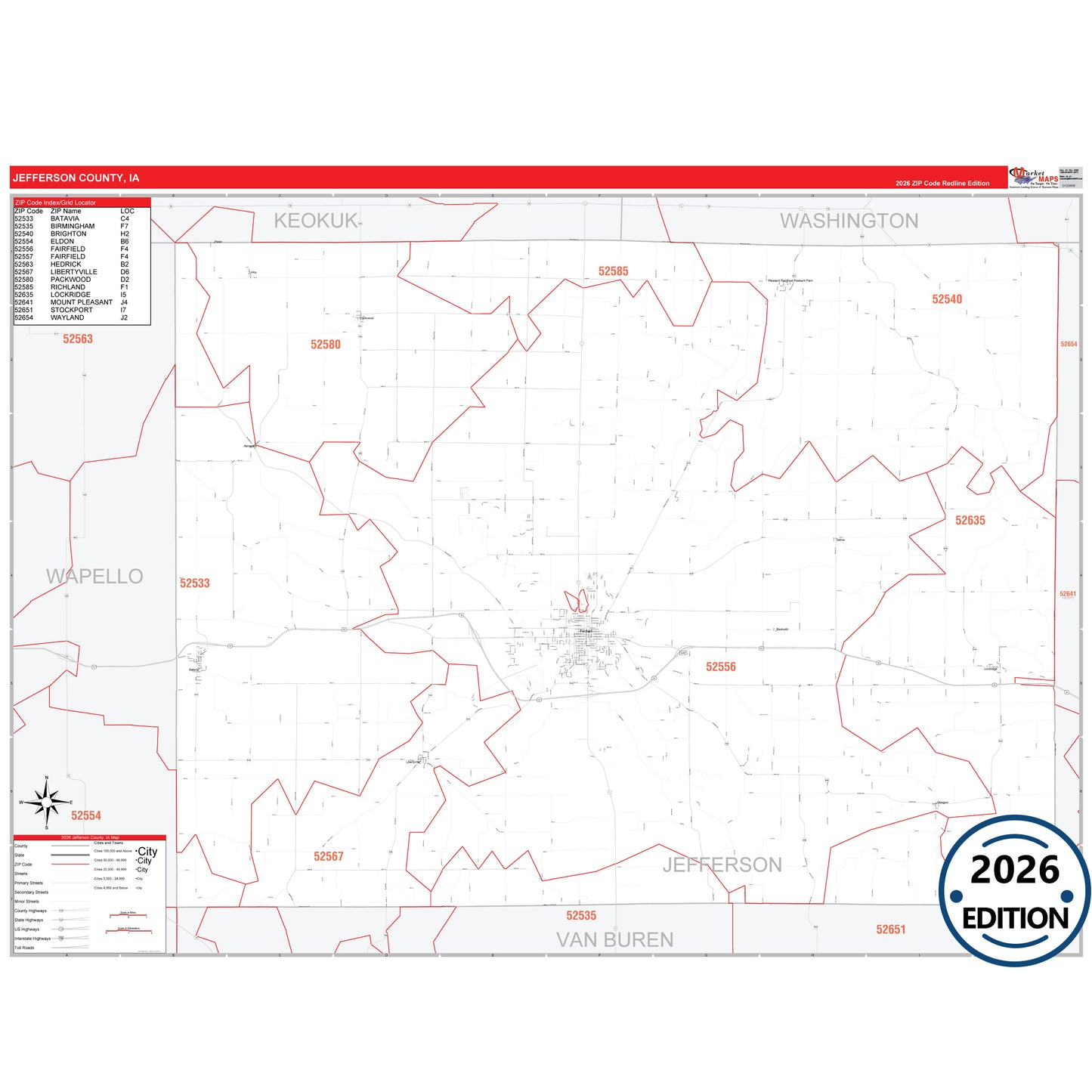 Jefferson County, IA Red Line 5 Digit ZIP Code Wall Map