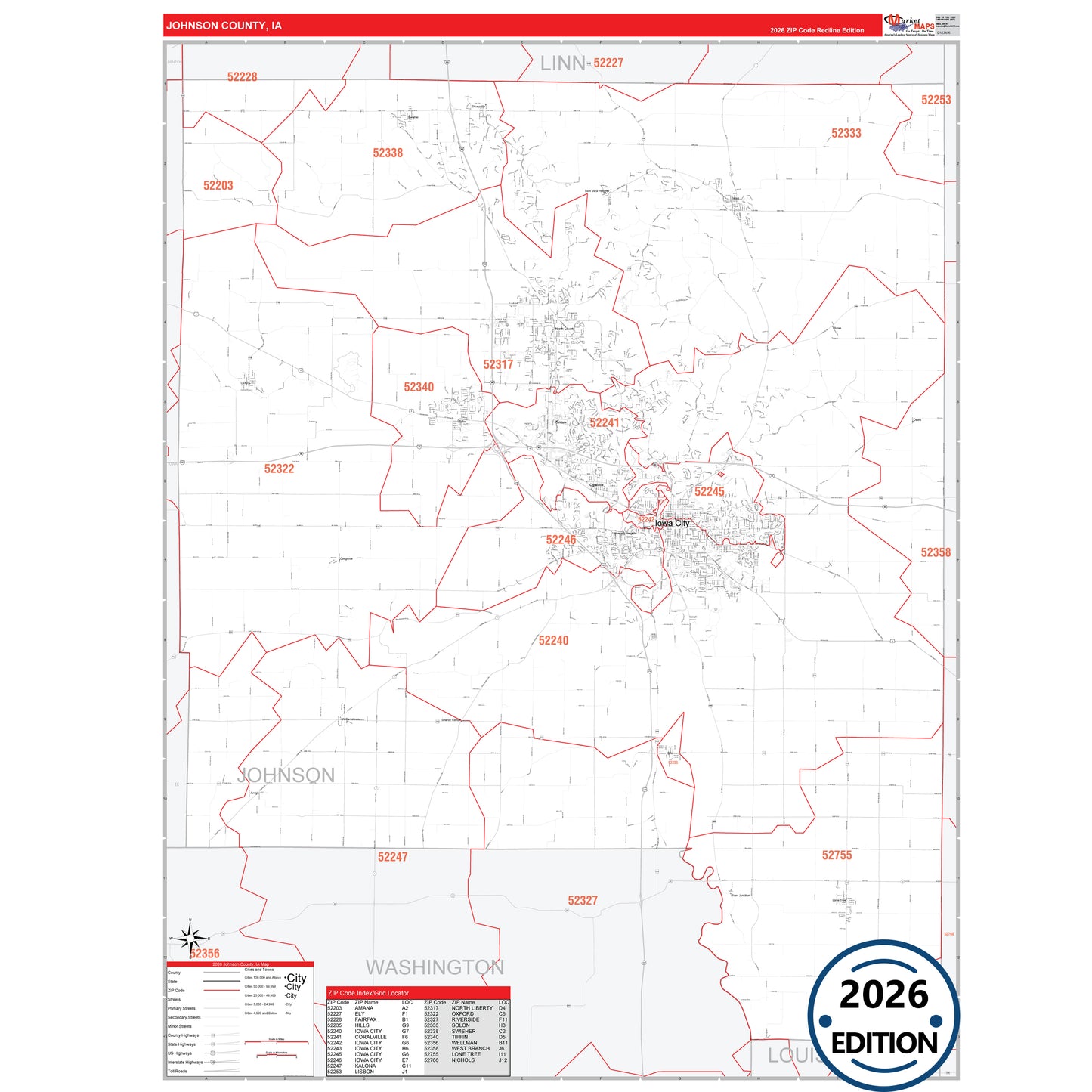 Johnson County, IA Red Line 5 Digit ZIP Code Wall Map