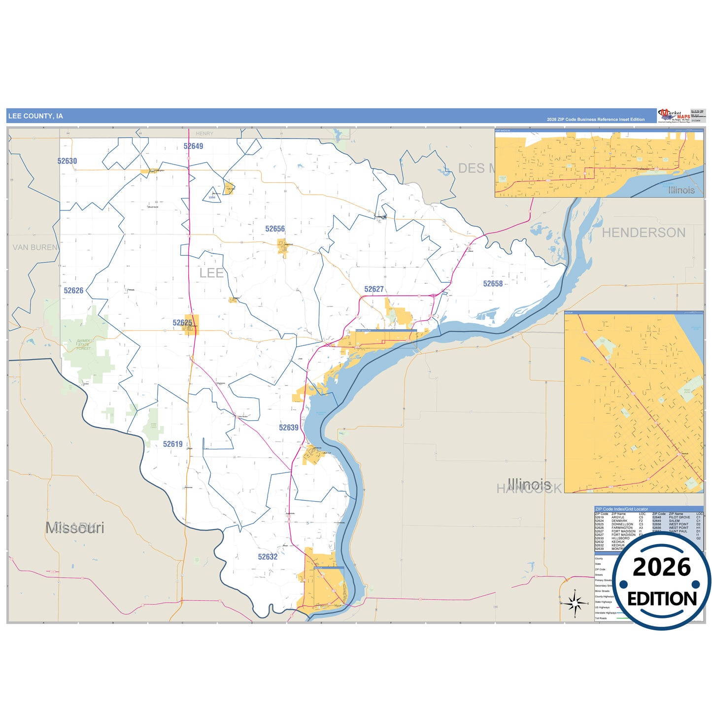 Lee County, IA Business Reference 5 Digit ZIP Code Wall Map