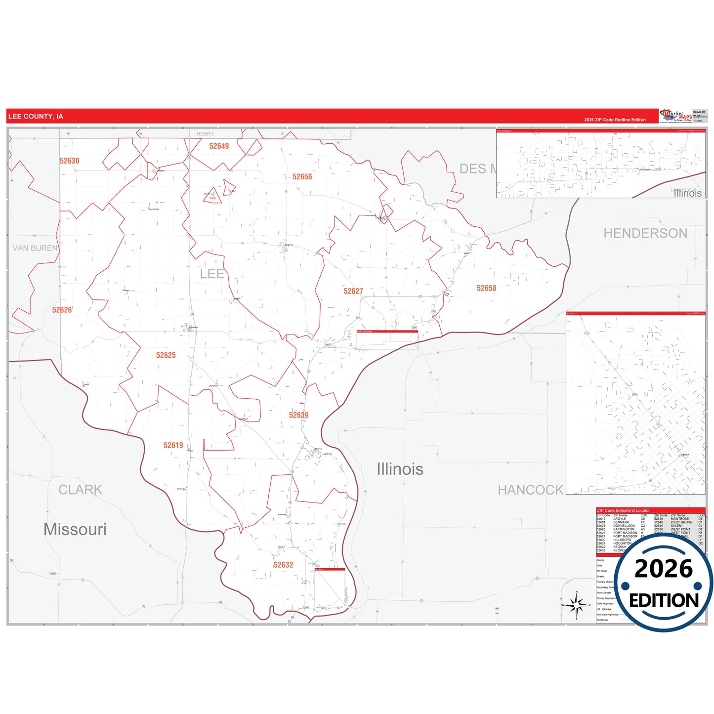 Lee County, IA Red Line 5 Digit ZIP Code Wall Map