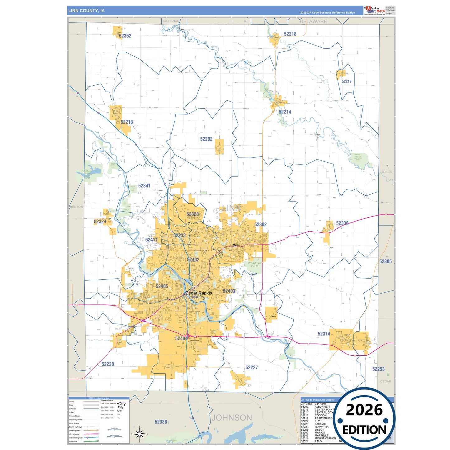 Linn County, IA Business Reference 5 Digit ZIP Code Wall Map