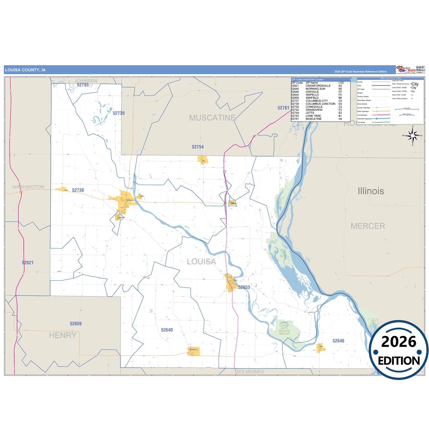 Louisa County, IA Business Reference 5 Digit ZIP Code Wall Map