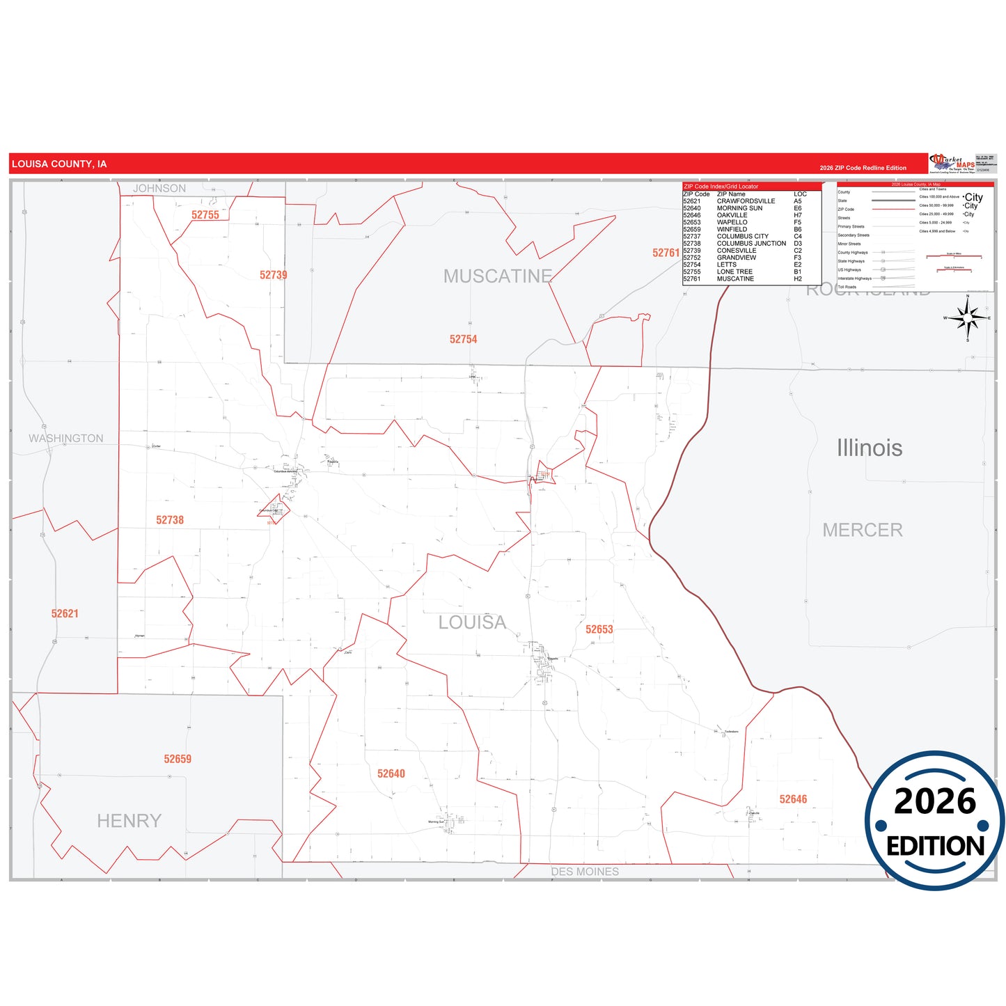 Louisa County, IA Red Line 5 Digit ZIP Code Wall Map