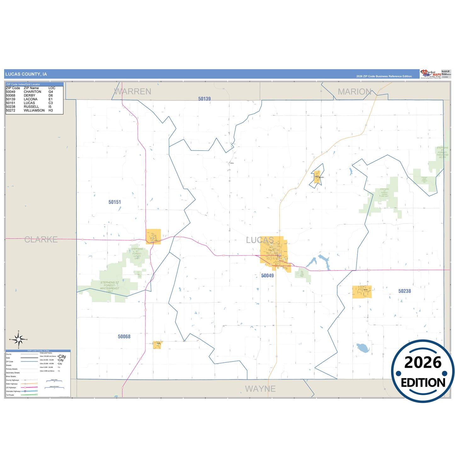 Lucas County, IA Business Reference 5 Digit ZIP Code Wall Map