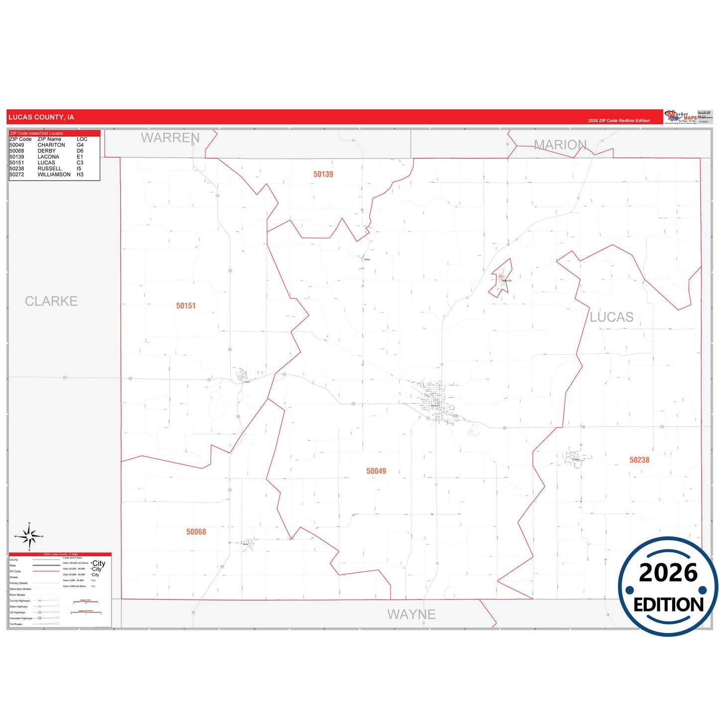 Lucas County, IA Red Line 5 Digit ZIP Code Wall Map
