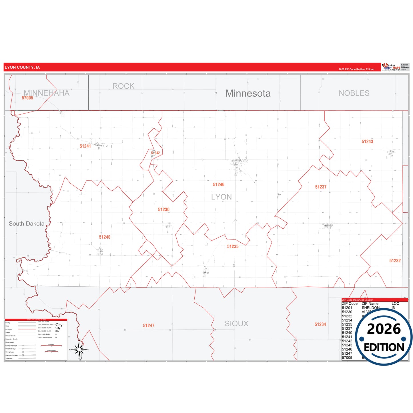 Lyon County, IA Red Line 5 Digit ZIP Code Wall Map