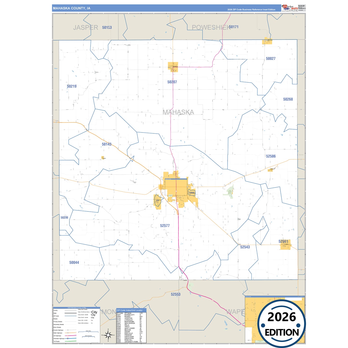 Mahaska County, IA Business Reference 5 Digit ZIP Code Wall Map