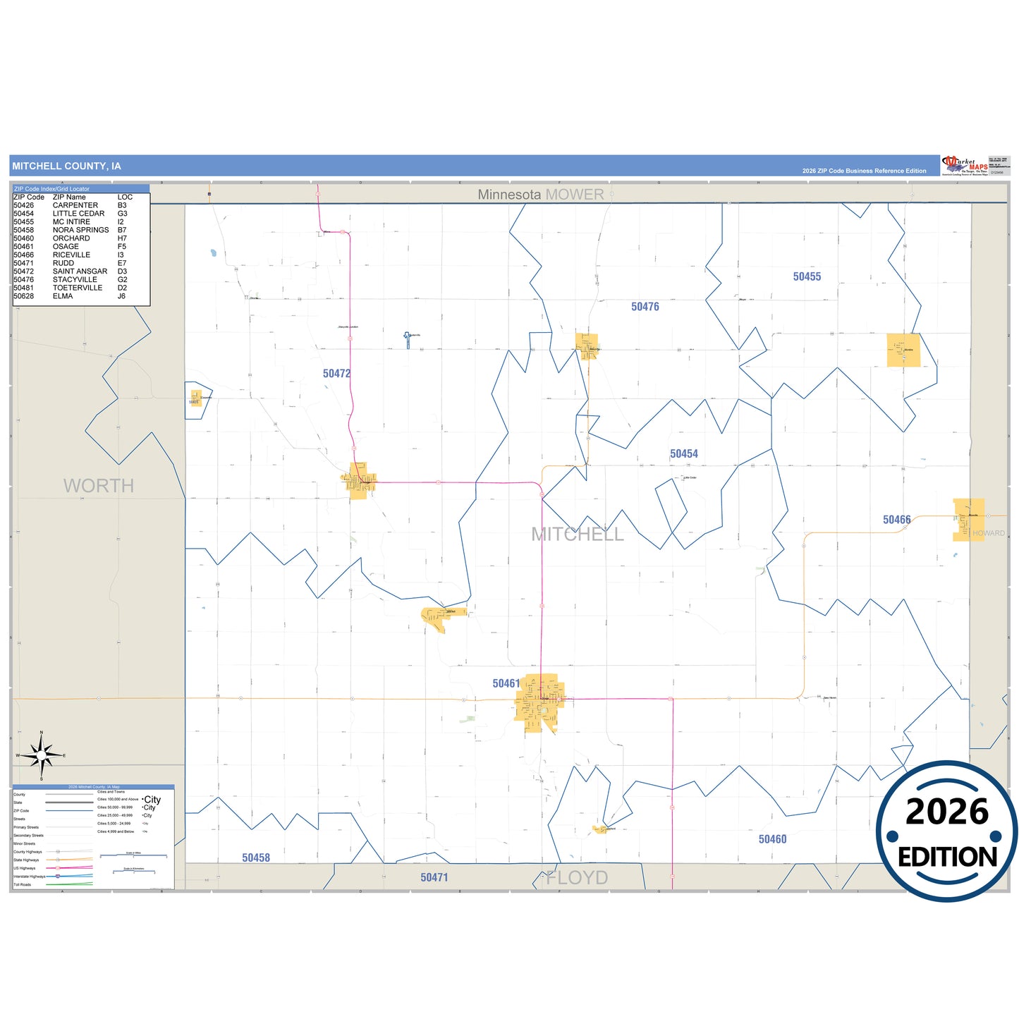 Mitchell County, IA Business Reference 5 Digit ZIP Code Wall Map