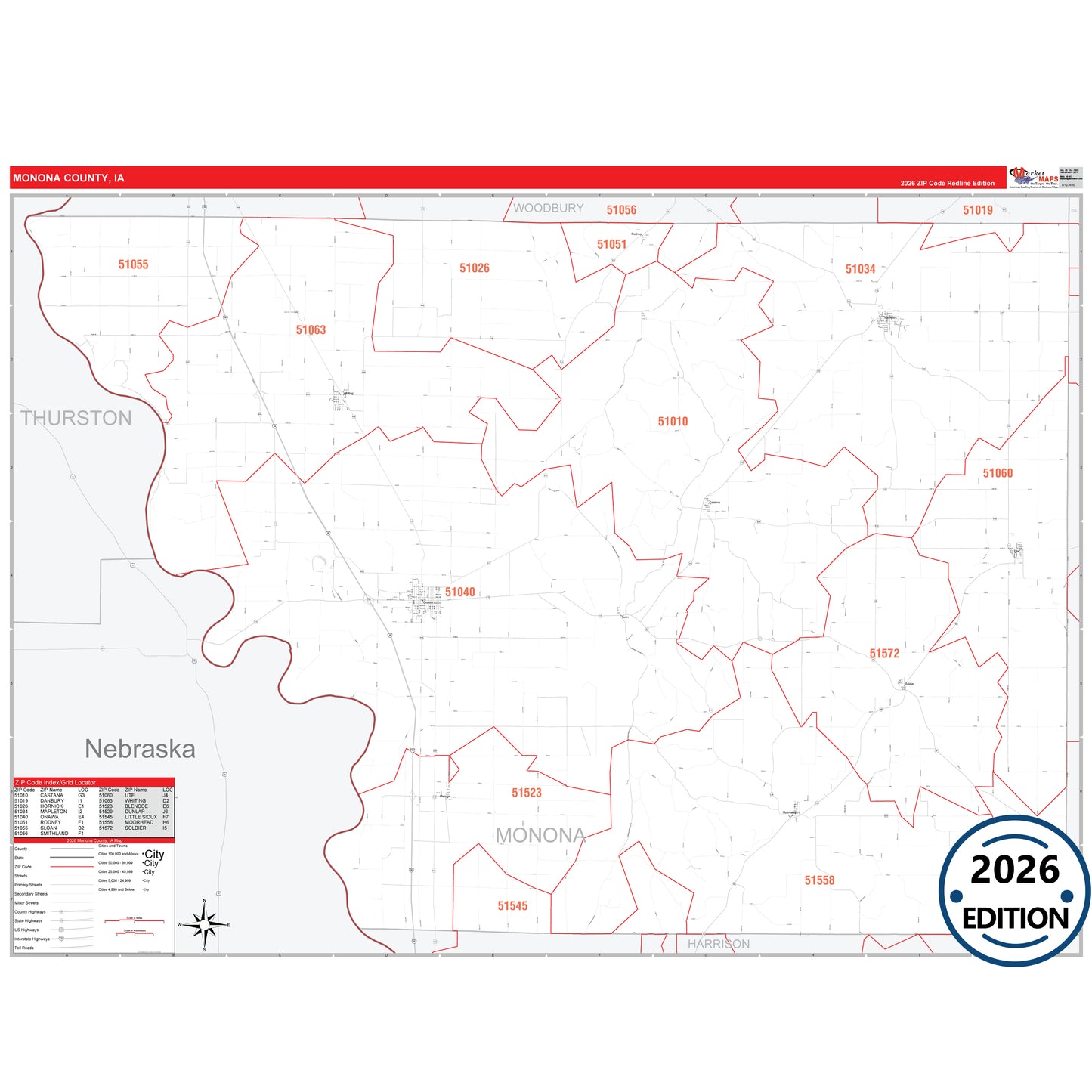 Monona County, IA Red Line 5 Digit ZIP Code Wall Map