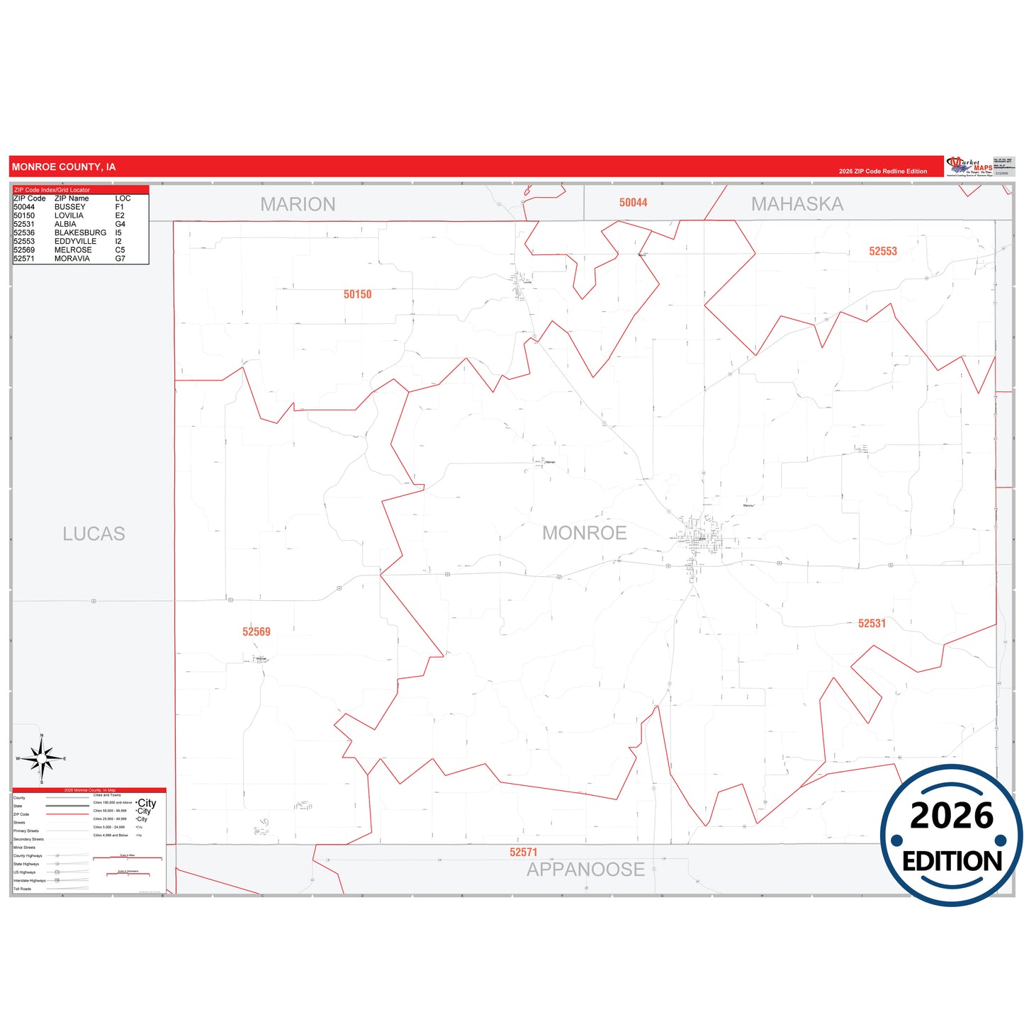 Monroe County, IA Red Line 5 Digit ZIP Code Wall Map