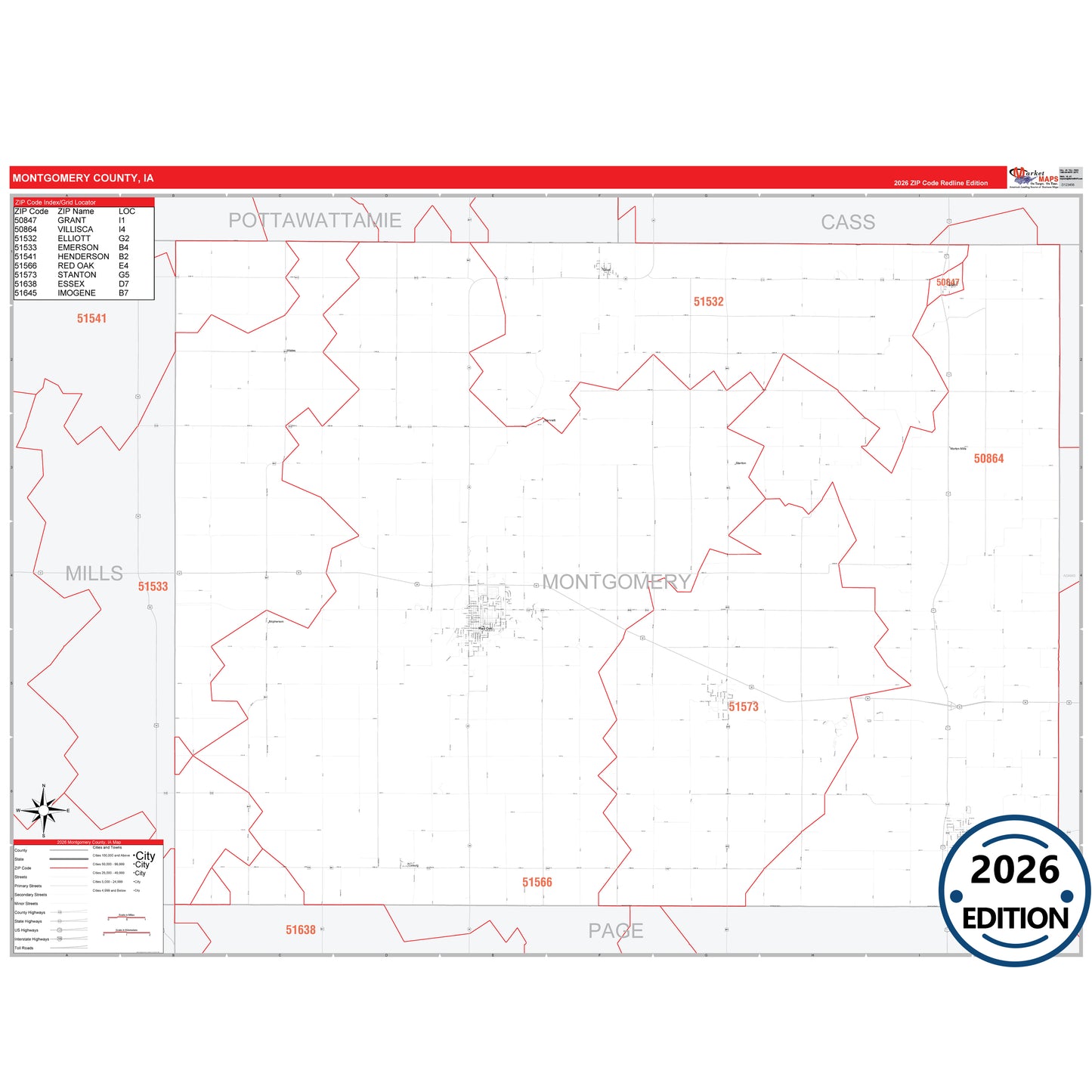 Montgomery County, IA Red Line 5 Digit ZIP Code Wall Map