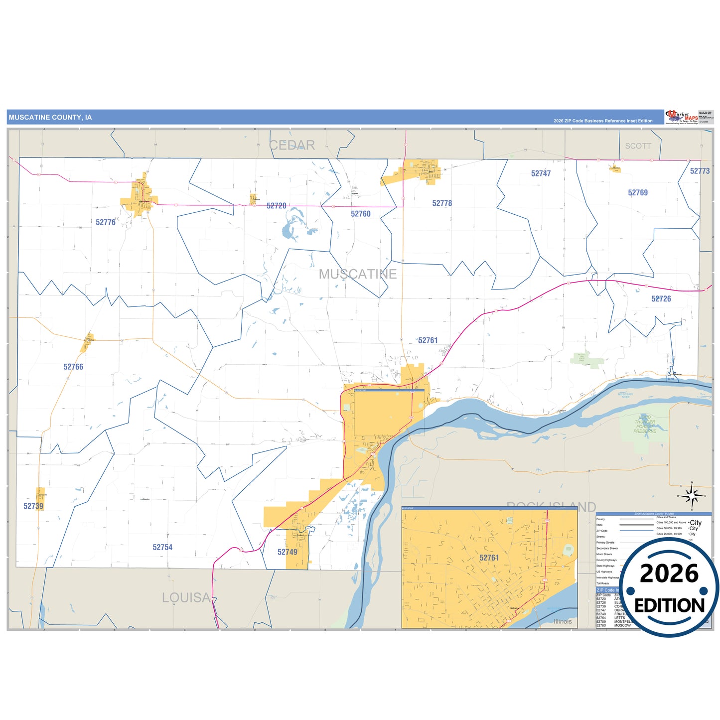Muscatine County, IA Business Reference 5 Digit ZIP Code Wall Map