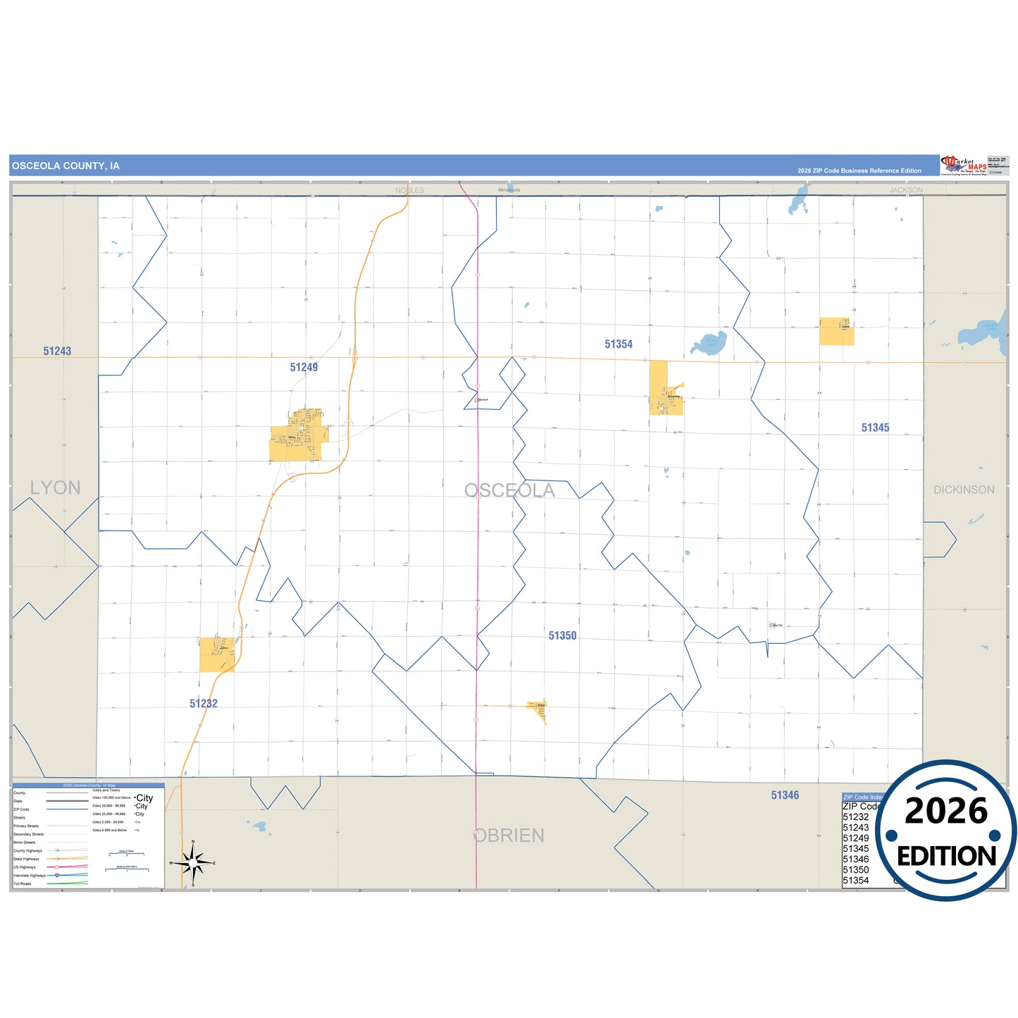 Osceola County, IA Business Reference 5 Digit ZIP Code Wall Map