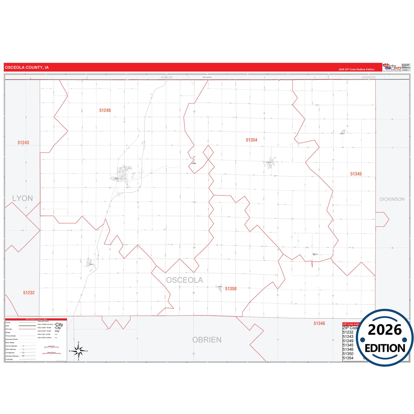 Osceola County, IA Red Line 5 Digit ZIP Code Wall Map