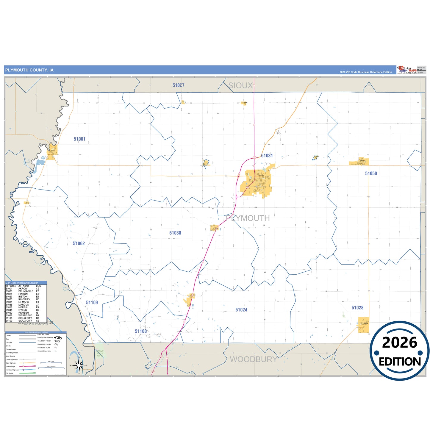 Plymouth County, IA Business Reference 5 Digit ZIP Code Wall Map