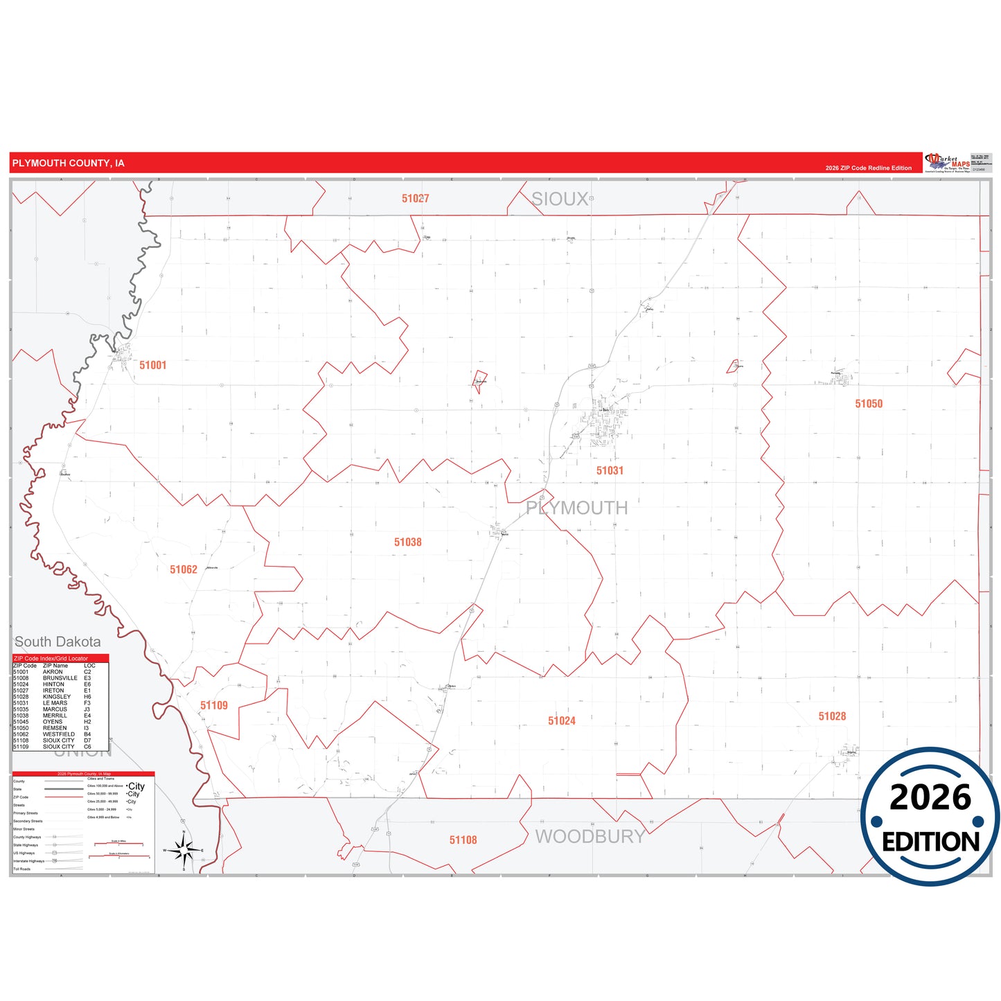 Plymouth County, IA Red Line 5 Digit ZIP Code Wall Map