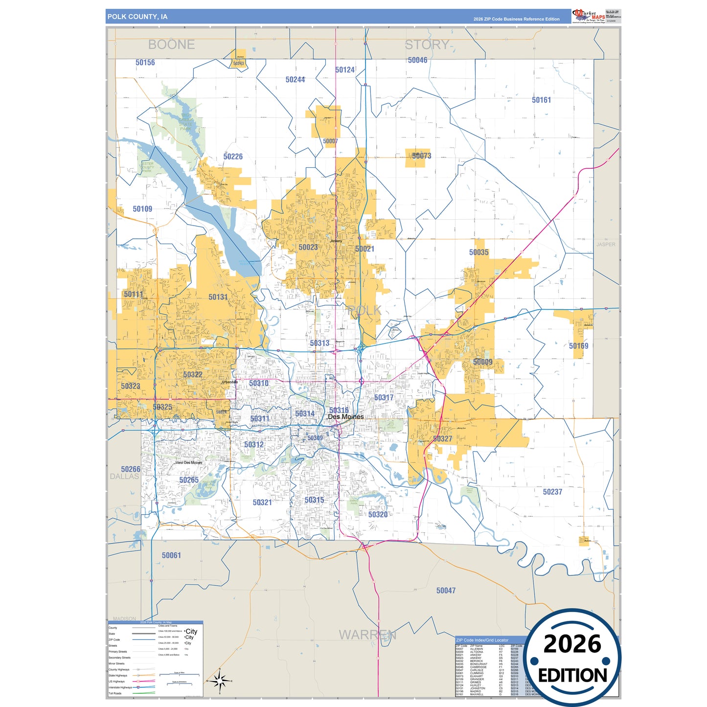 Polk County, IA Business Reference 5 Digit ZIP Code Wall Map