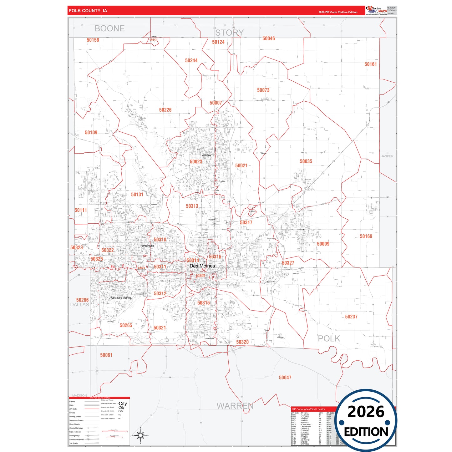 Polk County, IA Red Line 5 Digit ZIP Code Wall Map