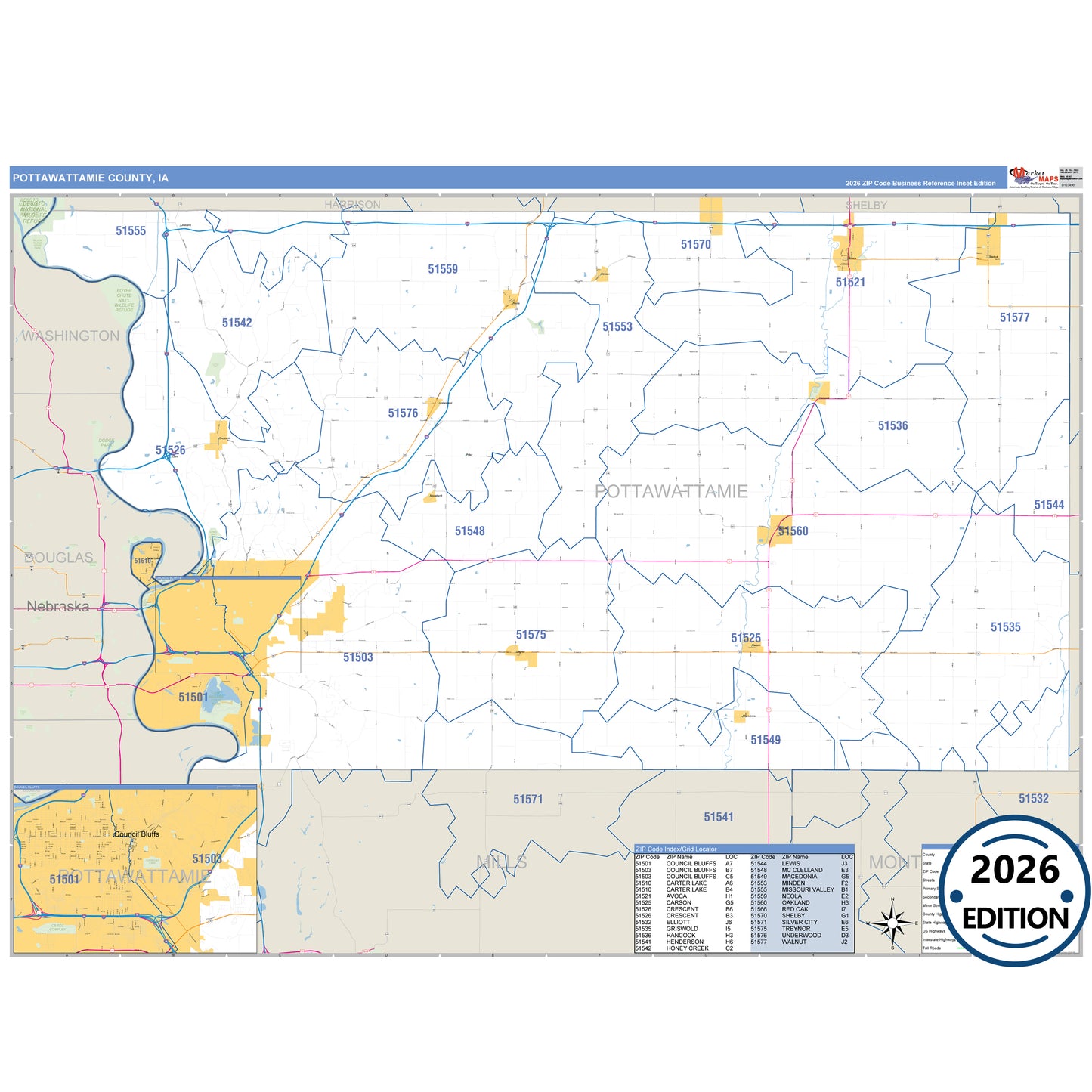Pottawattamie County, IA Business Reference 5 Digit ZIP Code Wall Map