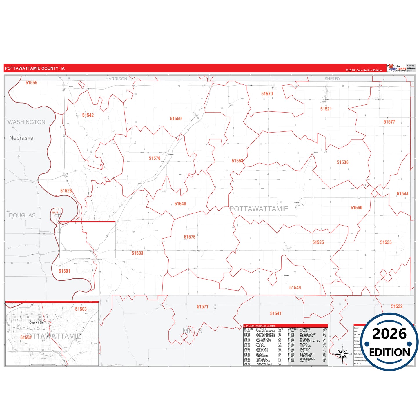 Pottawattamie County, IA Red Line 5 Digit ZIP Code Wall Map