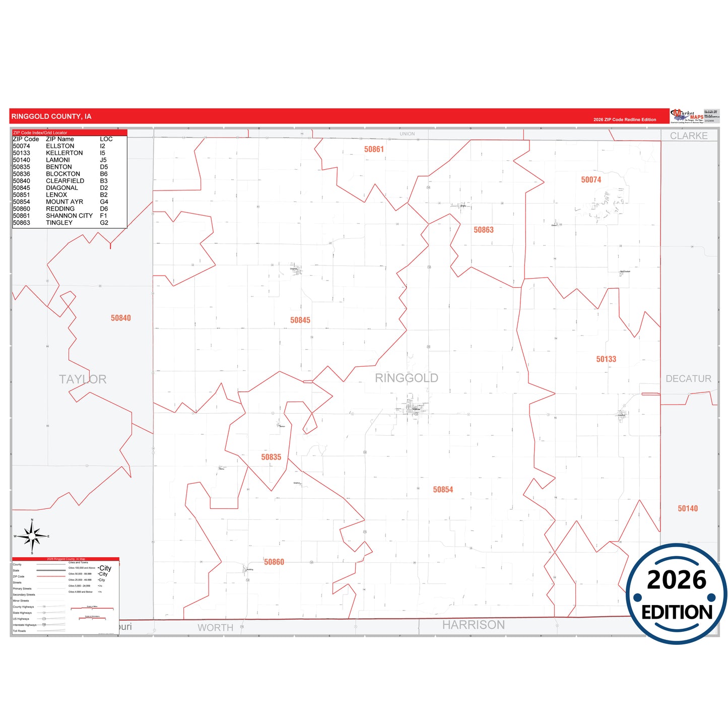 Ringgold County, IA Red Line 5 Digit ZIP Code Wall Map