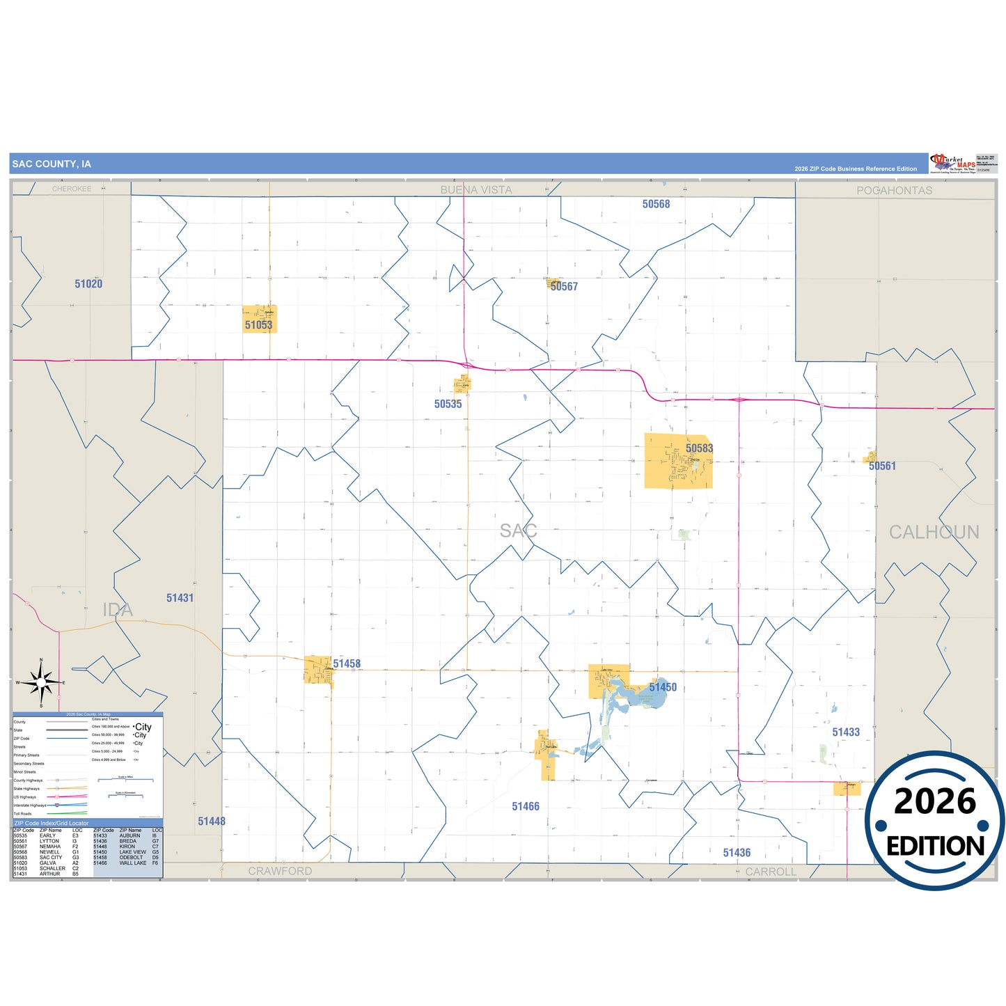 Sac County, IA Business Reference 5 Digit ZIP Code Wall Map