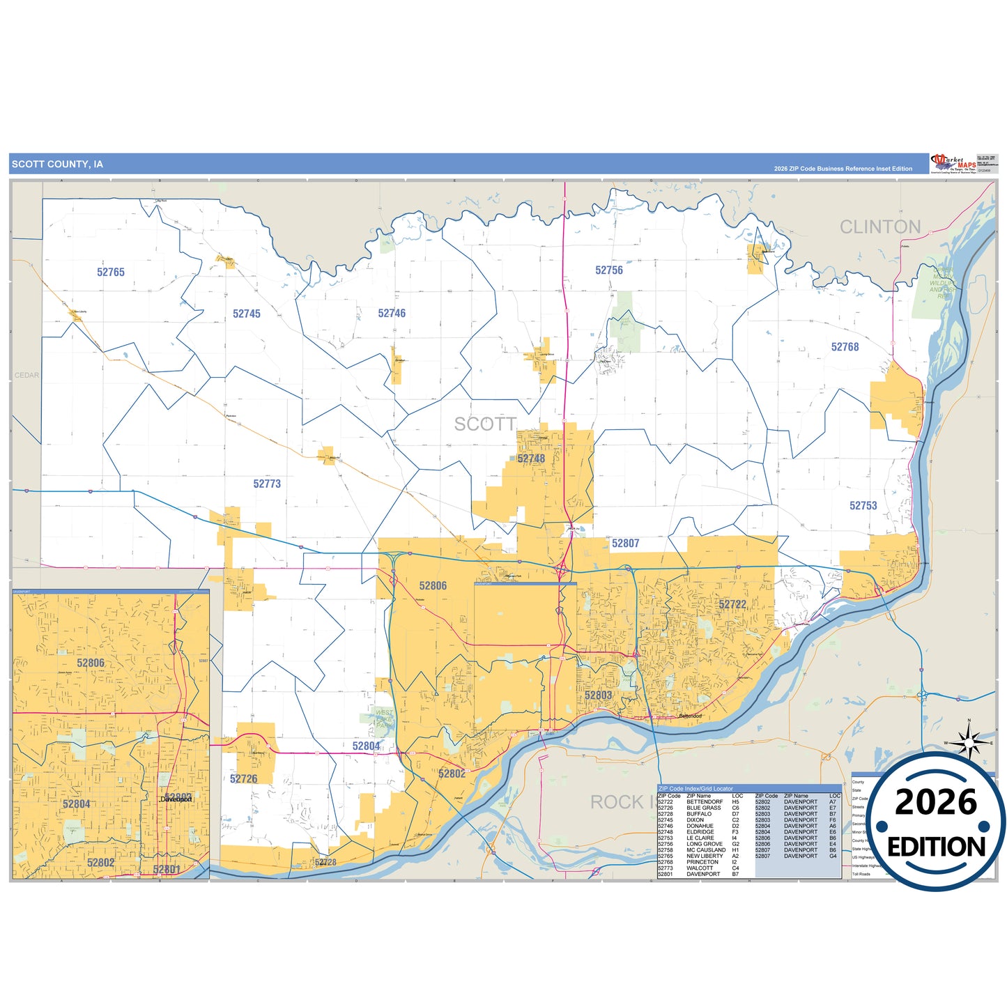 Scott County, IA Business Reference map with detailed roads, cities, and ZIP code boundaries.