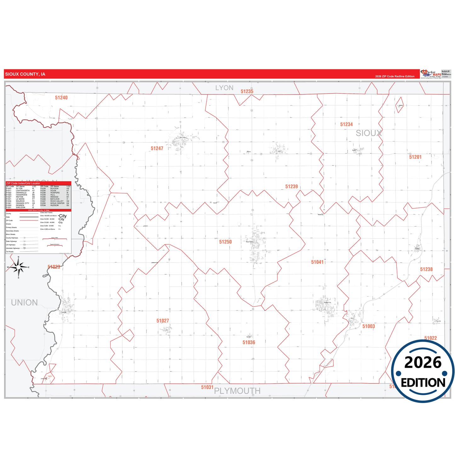 Sioux County, IA Red Line 5 Digit ZIP Code Wall Map