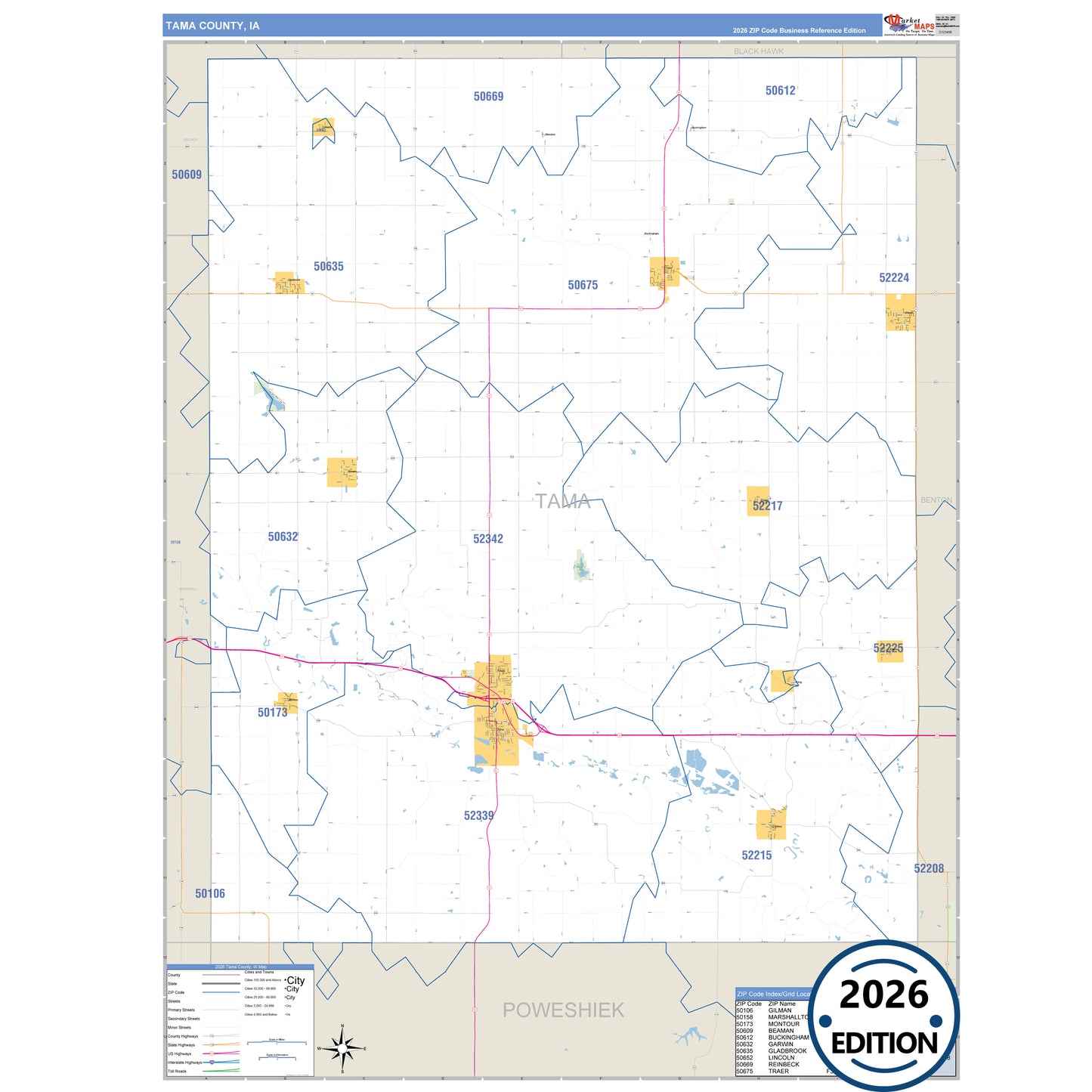 Tama County, IA Business Reference 5 Digit ZIP Code Wall Map