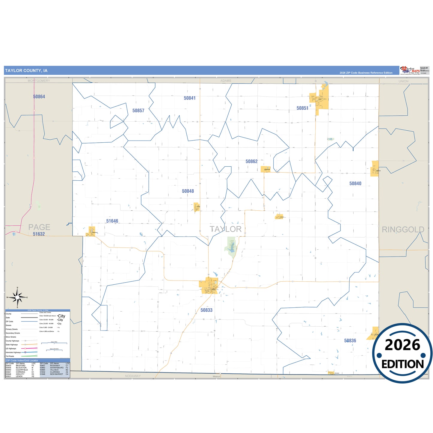 Taylor County, IA Business Reference 5 Digit ZIP Code Wall Map